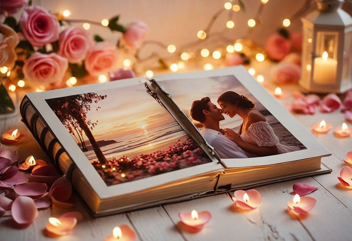 A beautifully styled vintage photo album open to showcase a collage of romantic moments, featuring couples laughing, sharing intimate glances, and dancing under soft fairy lights. Surround the album with delicate rose petals and soft candlelight to evoke warmth and nostalgia. The background should hint at a cozy setting, like a cafe or a sunset beach, to enhance the romantic theme. soft focus. pastel colors. elegant lighting.
