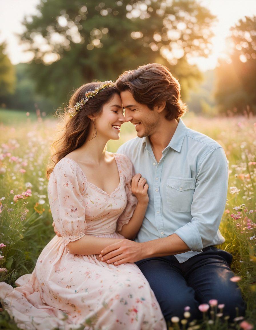 A romantic scene capturing a couple in a lush, sunlit meadow, surrounded by delicate wildflowers, candidly sharing a laugh while an old camera rests nearby, hinting at a photographer's presence. The atmosphere is whimsical and dreamy, with soft, pastel colors that evoke warmth and love. Include faint heart-shaped bokeh in the background to enhance the romantic theme. super-realistic. vibrant colors. dreamy atmosphere.