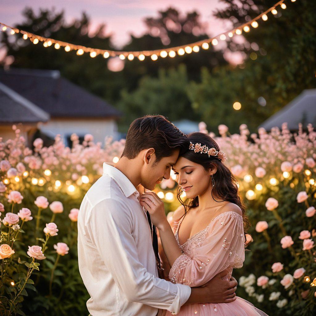 A beautifully arranged scene of a couple in a romantic embrace at sunset, surrounded by soft pink and orange hues in the sky. Delicate bokeh highlights float around them, symbolizing love and warmth. In the foreground, a vintage camera rests on a lush green surface, hinting at the theme of photography. Add subtle flowers and fairy lights to enhance the romantic atmosphere. super-realistic. vibrant colors. dreamy background.